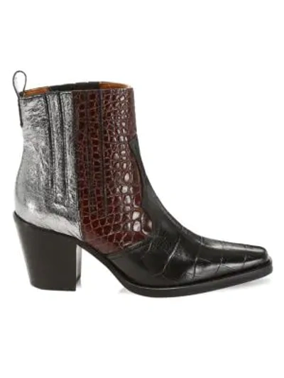 Shop Ganni Western Mixed-media Leather Ankle Boots In Multi