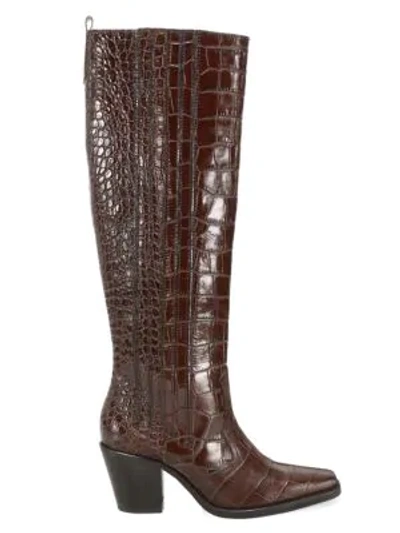 Shop Ganni Western Knee-high Croc-embossed Leather Boots In Chicory Coffee