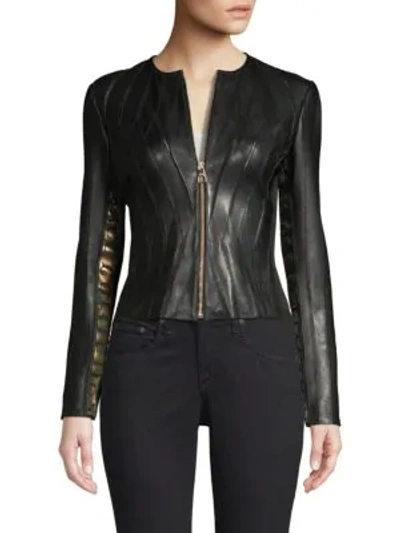 Shop Versace Logo Tape Leather Jacket In Black