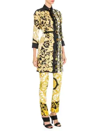 Shop Versace Hibiscus Print Belted Shirtdress Tunic In Gold Print