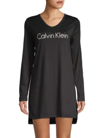 Shop Calvin Klein Logo Long-sleeve Sleepshirt In Black