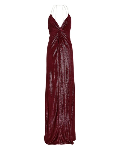 Shop Michelle Mason Crystal Strap Shimmer Gown In Red-drk
