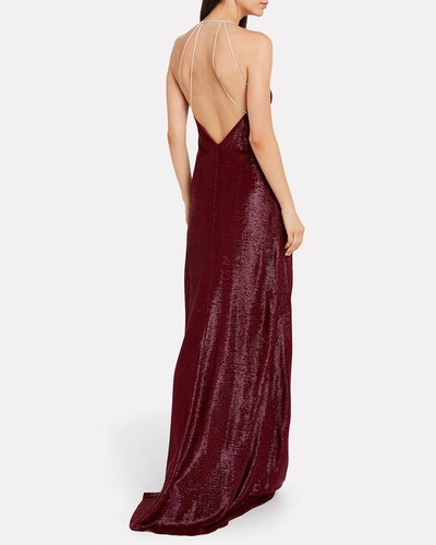 Shop Michelle Mason Crystal Strap Shimmer Gown In Red-drk