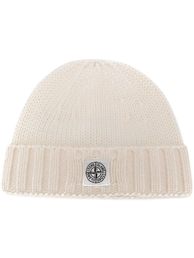 Shop Stone Island Beanie Hat With Logo Patch In White