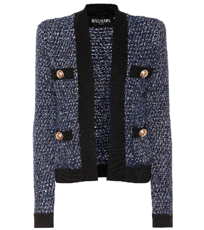 Shop Balmain Sequined Tweed Jacket In Blue
