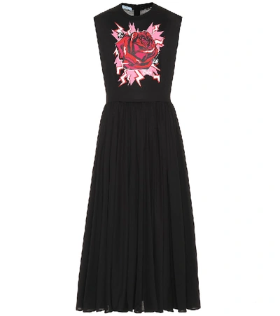 Shop Prada Printed Cotton Midi Dress In Black
