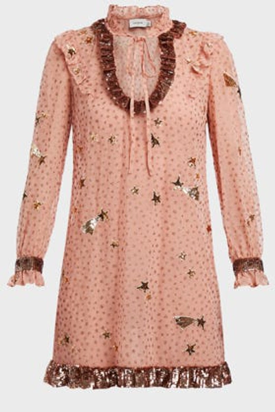 Shop Coach Sequin-embellished Printed Georgette Dress In Pink
