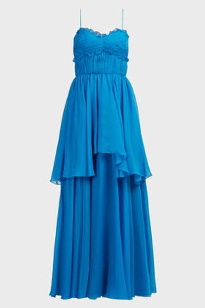 Shop Amur Kiko Ruched Tiered Silk Gown In Blue