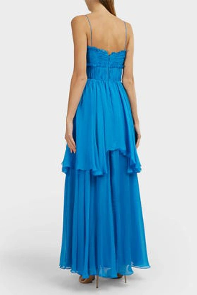 Shop Amur Kiko Ruched Tiered Silk Gown In Blue