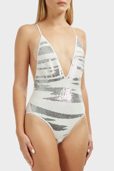 Shop Missoni Sequinned One-piece Swimsuit In White