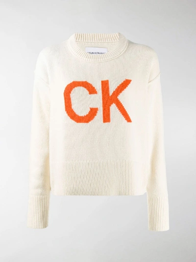 Shop Calvin Klein Jeans Est.1978 Logo Knit Jumper In Neutrals