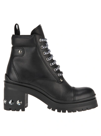 Shop Miu Miu Rhinestone Studded Heel Hiking Boots In Black