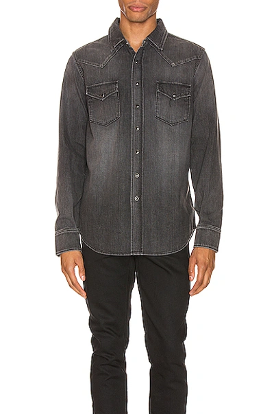 Shop Saint Laurent Classic Western Denim Shirt In Dirty Medium Vintage Black