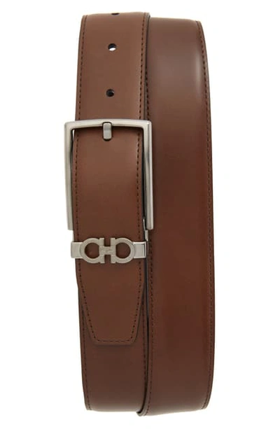 Shop Ferragamo Reversible Leather Belt In Dark Brown/ Black