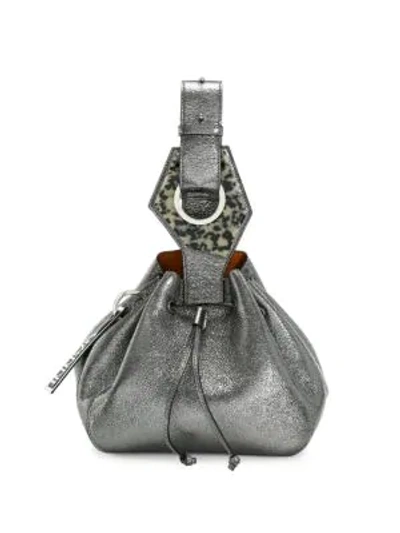 Shop Ganni Small Metallic Leather Bucket Bag In Dark Silver