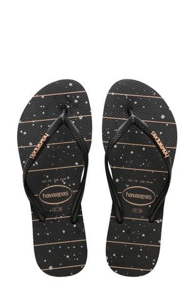 Shop Havaianas Slim Logo Flip Flop In Black/ Rose Gold Metallic