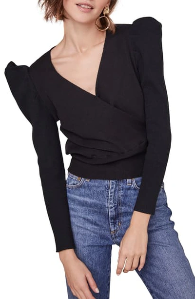 Shop Astr Suki Surplice Puff Shoulder Sweater In Black