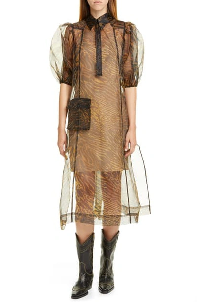 Shop Ganni Tiger Stripe Print Sheer Organza Midi Dress