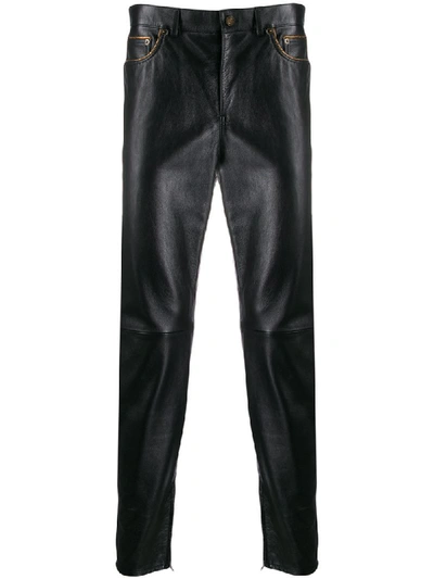 Shop Saint Laurent Contrast Piping Leather Trousers - Black