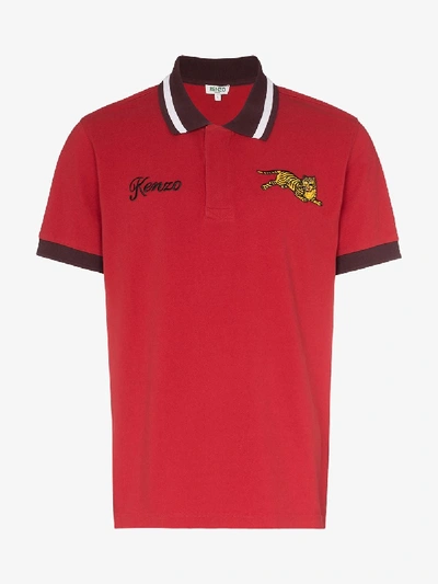 Shop Kenzo Tiger Embroidered Cotton Polo Shirt In Red