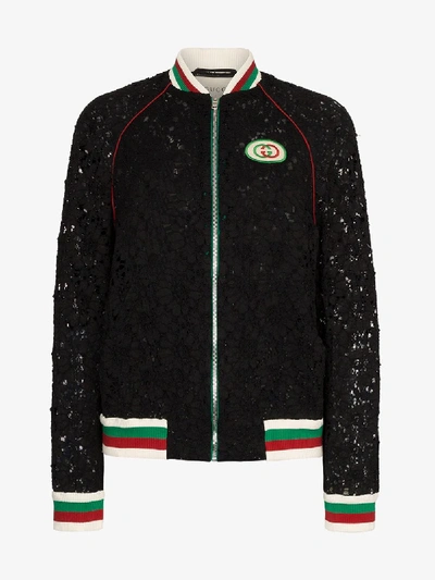 Shop Gucci Embellished Lace Bomber Jacket In Black