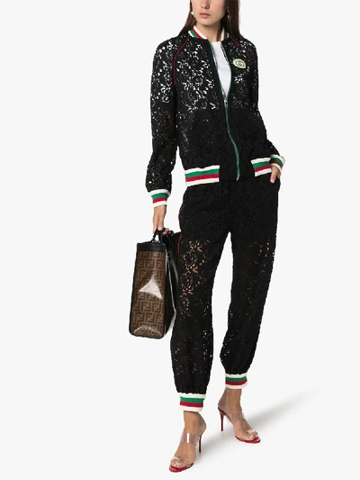 Shop Gucci Embellished Lace Bomber Jacket In Black