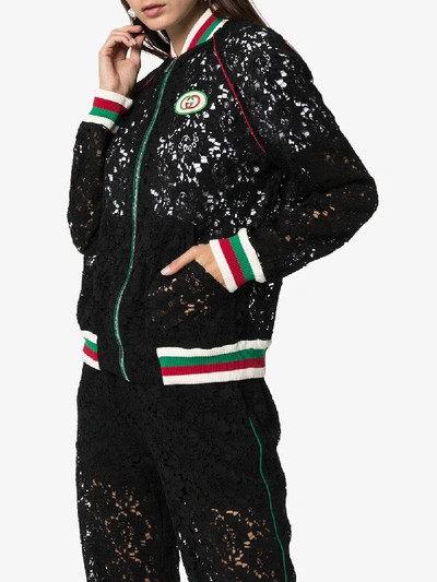Shop Gucci Embellished Lace Bomber Jacket In Black