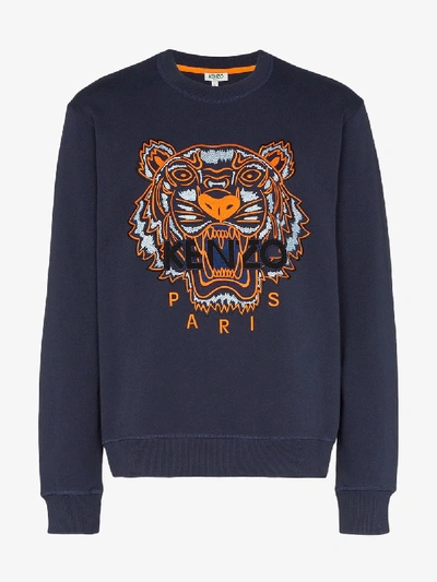 Shop Kenzo Tiger Logo Embroidered Cotton Sweatshirt In Blue
