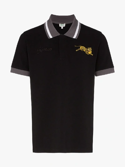 Shop Kenzo Tiger Embroidered Cotton Polo Shirt In Black
