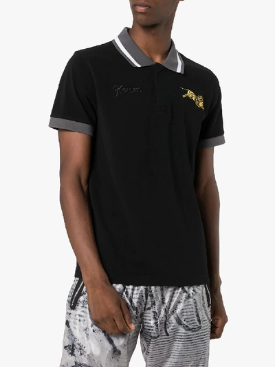 Shop Kenzo Tiger Embroidered Cotton Polo Shirt In Black