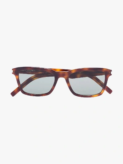 Shop Saint Laurent Eyewear Brown Tortoiseshell Rectangular Sunglasses