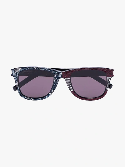 Shop Saint Laurent Eyewear Multicoloured Rhinestone Square Frame Sunglasses In Black