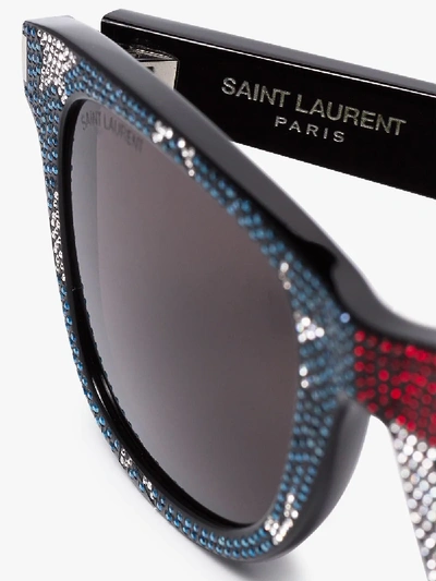 Shop Saint Laurent Eyewear Multicoloured Rhinestone Square Frame Sunglasses In Black