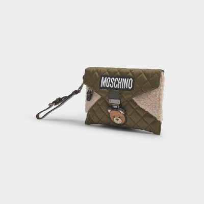 Shop Moschino Teddy Clutch In Green Nylon And Beige Shearling