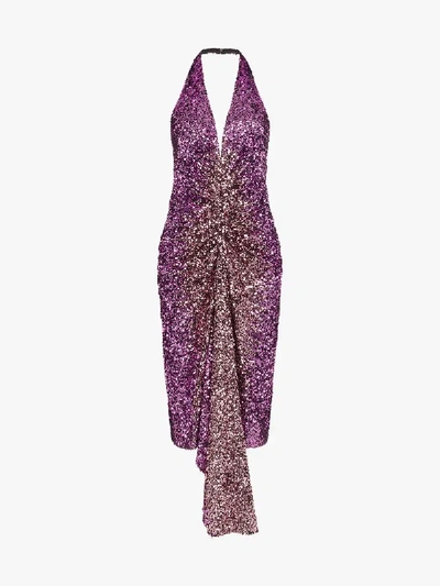 Shop Halpern Halterneck Sequinned Drape Dress In Purple