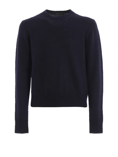 Shop Prada Dark Blue Virgin Wool Crew Neck Sweater
