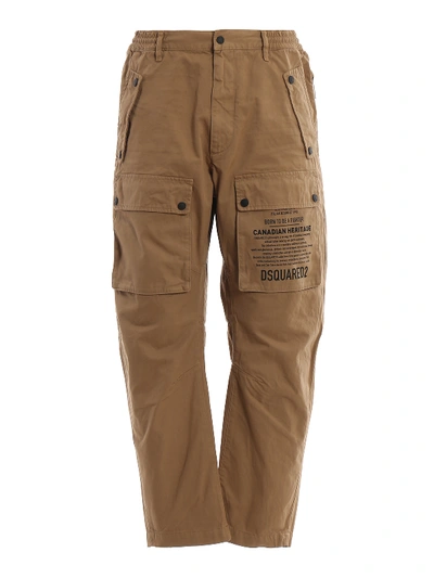 Shop Dsquared2 Print Detailed Cotton Cargo Trousers In Beige