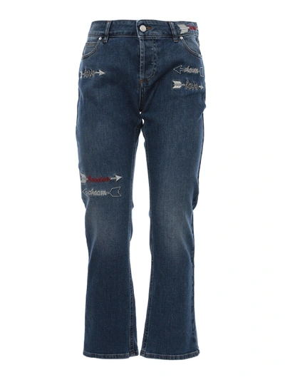 Shop Red Valentino Cropped Jeans With Embroidered Arrows In Medium Wash