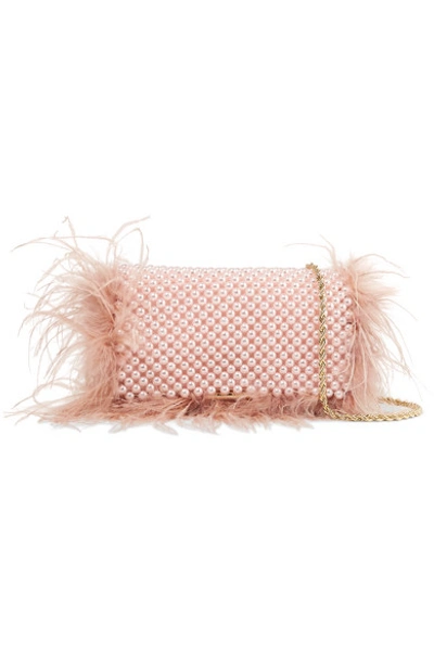 Shop Loeffler Randall Mimi Feather-trimmed Beaded Satin Shoulder Bag In Pink