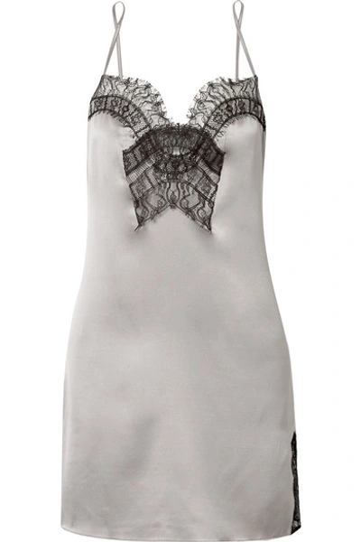 Shop Kiki De Montparnasse Lace-trimmed Stretch-silk Satin Chemise In Gray