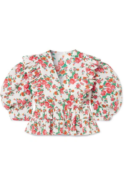 Shop Rhode Elodie Cropped Ruffled Floral-print Cotton-voile Blouse In White