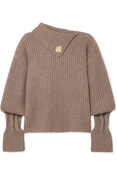 Shop Jw Anderson Embellished Ribbed Wool And Cashmere-blend Turtleneck Sweater In Brown