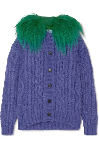 Shop Prada Faux Fur-trimmed Cable-knit Mohair-blend Cardigan In Purple