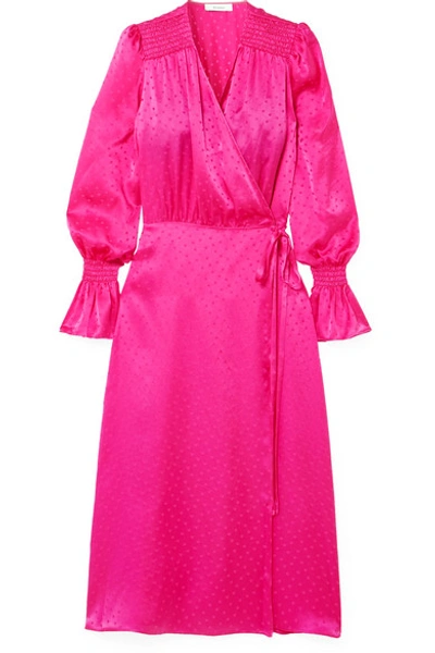 Shop Art Dealer Diane Shirred Polka-dot Silk-jacquard Wrap Dress In Pink