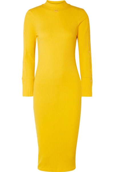 Shop Courrèges Ribbed Stretch-cotton Dress In Yellow