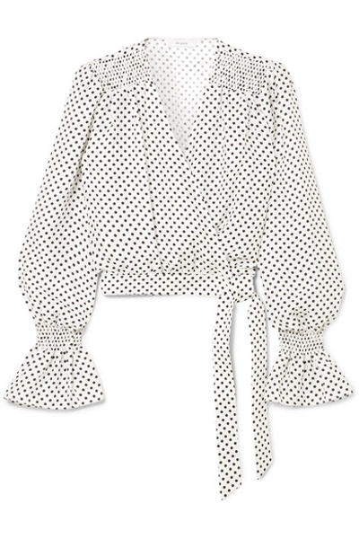 Shop Art Dealer Shirred Polka-dot Silk-jacquard Wrap Top In White