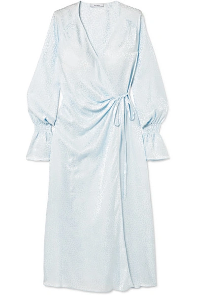 Shop Art Dealer Shirred Silk-jacquard Wrap Dress In Sky Blue