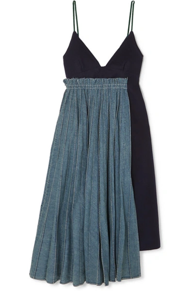 Shop Sacai Frayed Pleated Denim And Wool-felt Midi Dress In Blue