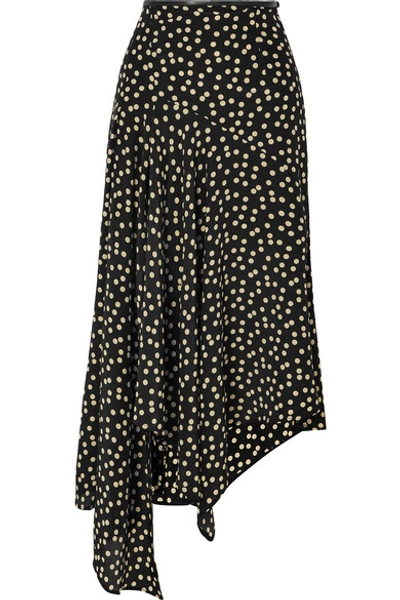 Shop Petar Petrov Leather-trimmed Polka-dot Silk-crepe Midi Skirt In Black