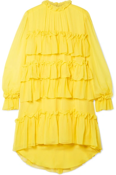 Shop Adam Lippes Tiered Ruffled Silk-chiffon Mini Dress In Bright Yellow